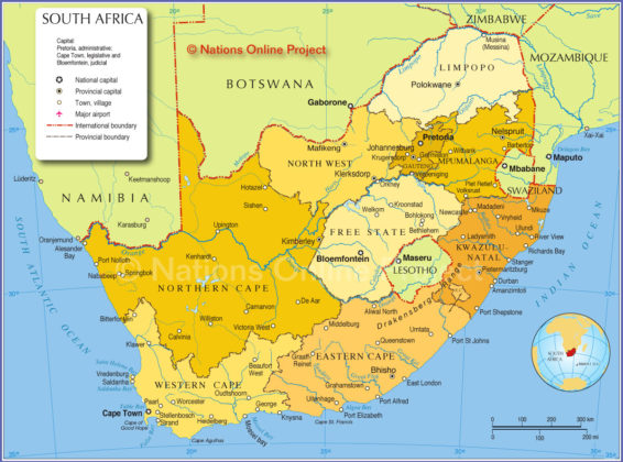 Map of South Africa Showing Provinces & Cities